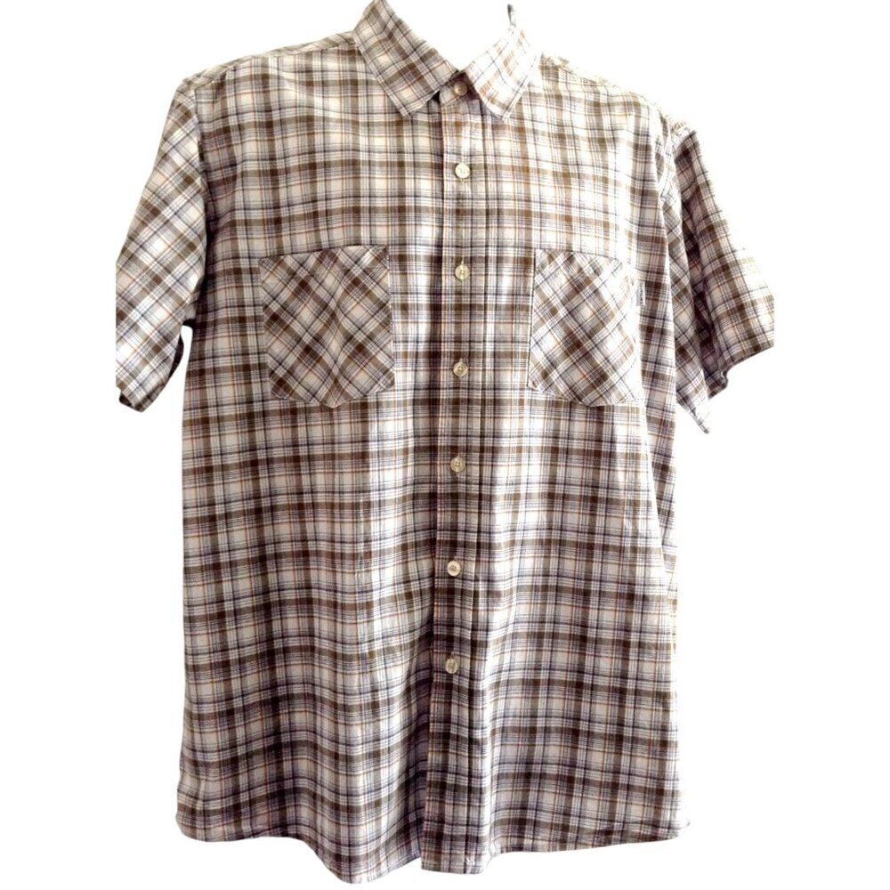 Carhartt Plaid Men's Shirt XL Brown Black Orange White Cotton Short Sleeve